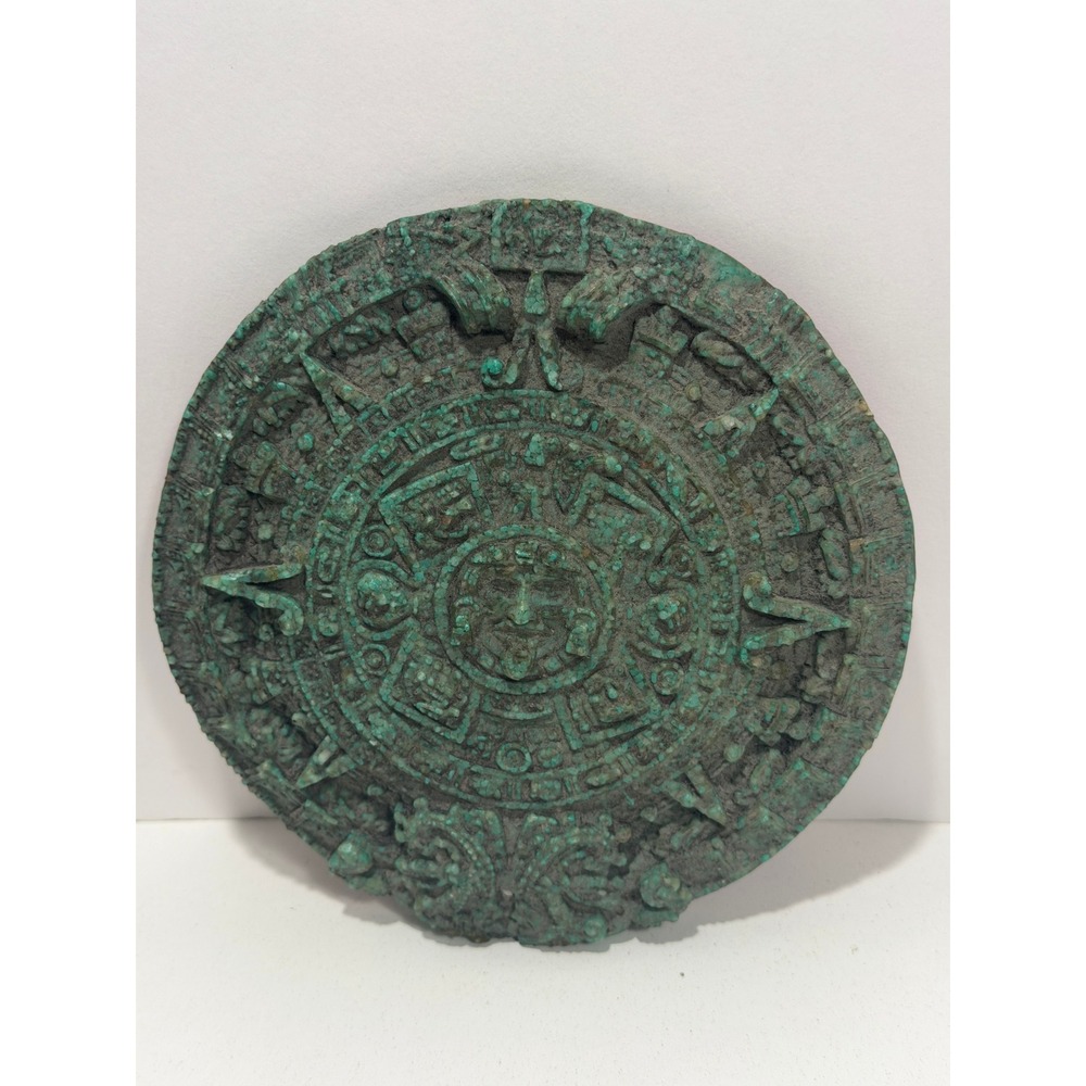 Vintage Aztec Mayan Sun Stone Calendar Crushed Turquoise Wall Plaque 7.5 Inch